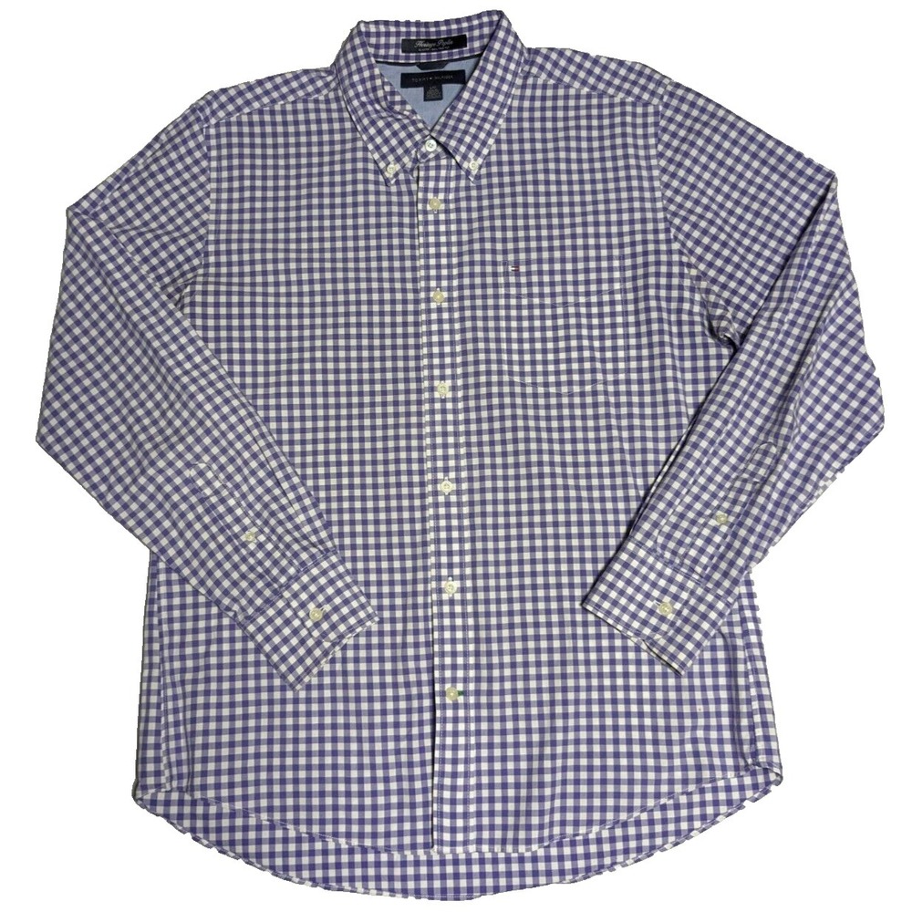 TOMMY HILFIGER HERITAGE POPLIN SLIM Men‎ Large Purple Gingham Check Shirt EUC